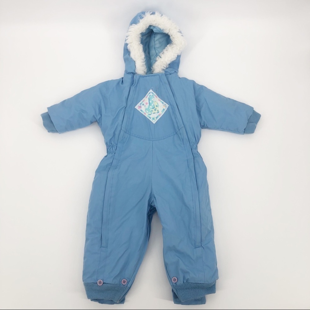 VINTAGE Kids & More Blue with White Faux Fur Trim Kids Ski Snowsuit One Piece
